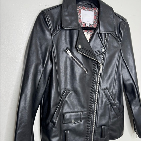 Anthropologie women's XS black moto faux leather midi whipstitch jacket biker - Picture 9 of 11